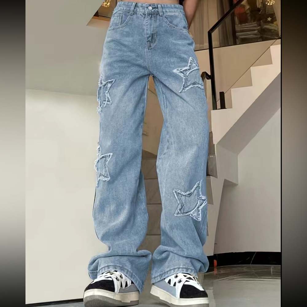 Loose Fit Blue Star Shape Patchwork Straight Jeans - image 1